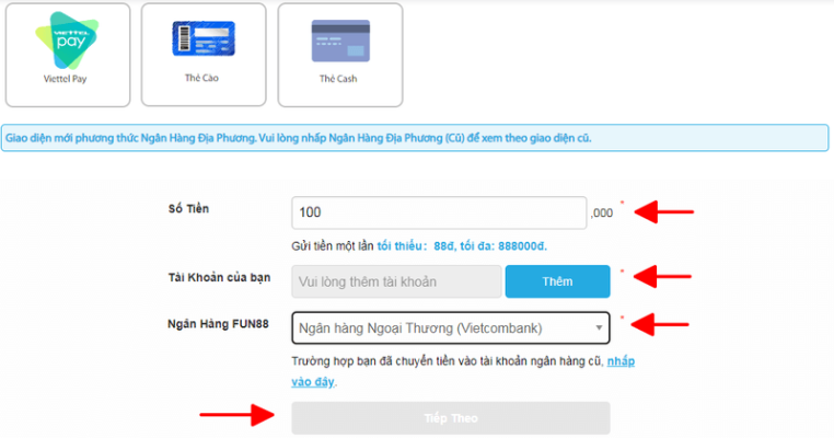 Form nạp tiền Fun88 với các trường thông tin cần điền