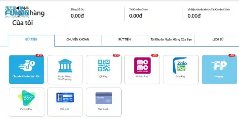 Ba phương thức rút tiền Fun88 gồm ngân hàng, ví điện tử và thẻ cào